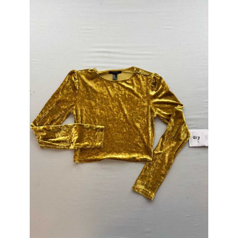 Forever 21 Womens Mustard Yellow Crushed Velvet Cropped Long Sleeve Top Medium